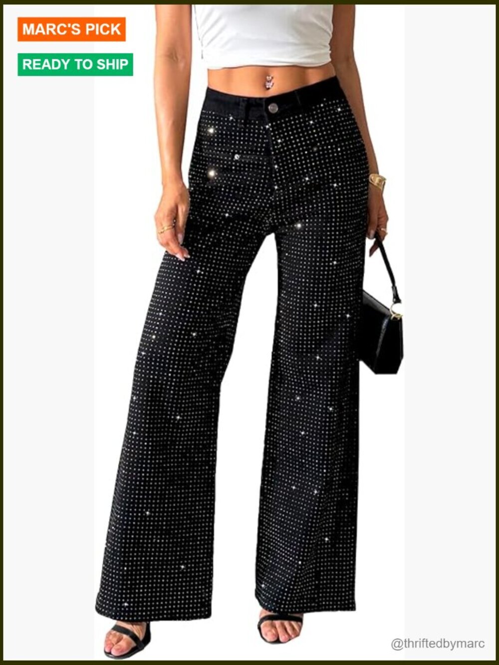 High Waist Wide Leg Rhinestone Jeans Sparkle Sequin Flare Pants